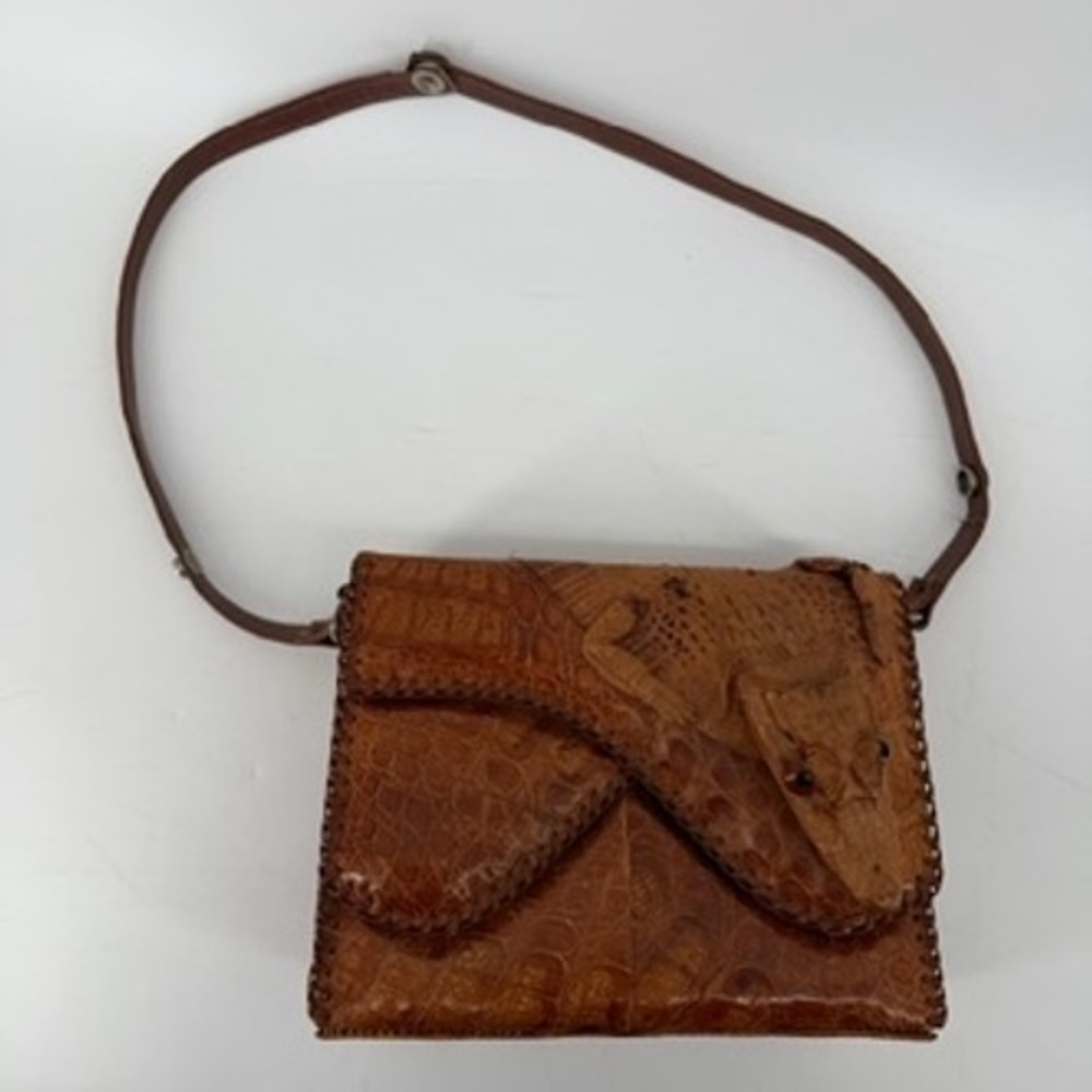 Vintage Alligator Shoulder Bag Cognac Brown Whipstitch